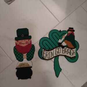 2 Homemade St Patrick's Day Plastic Canvas Shamrock & Leprechaun